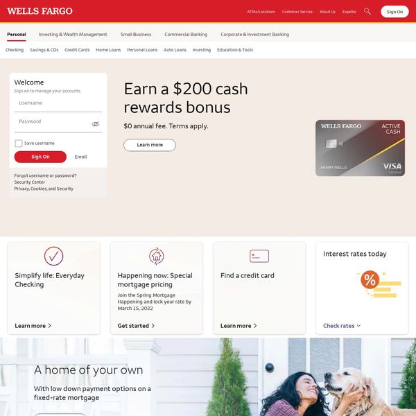 Wells Fargo home page image.