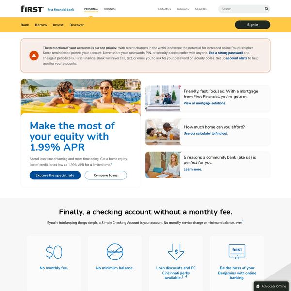 First Financial Bank home page image.