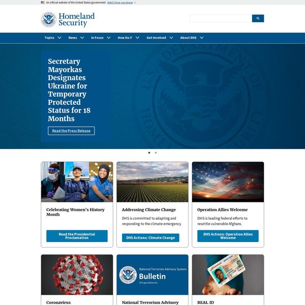 U.S. Department of Homeland Security home page image.