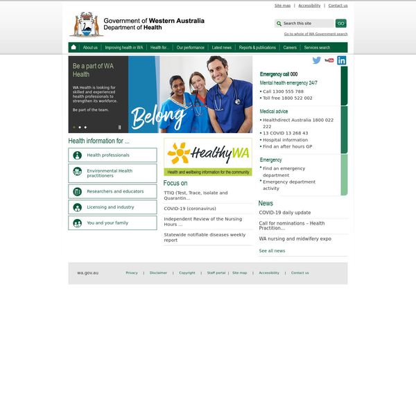 Department of Health (WA Health) home page image.