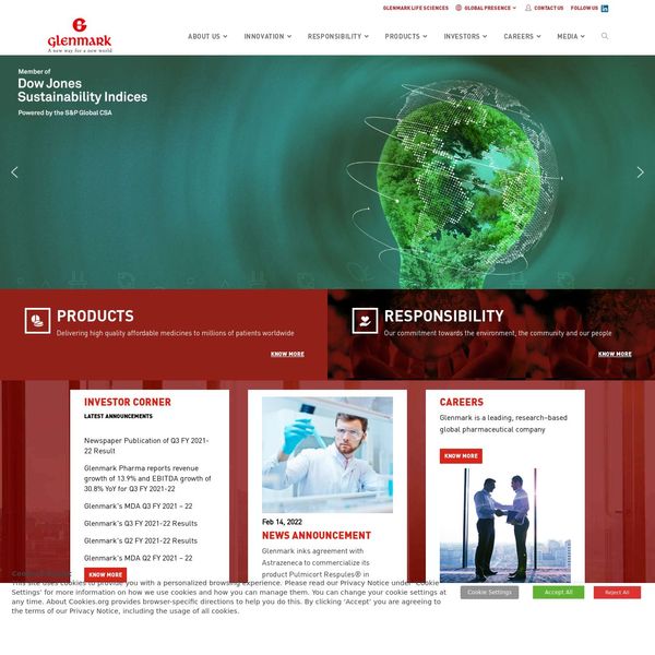 Glenmark Pharmaceuticals home page image.