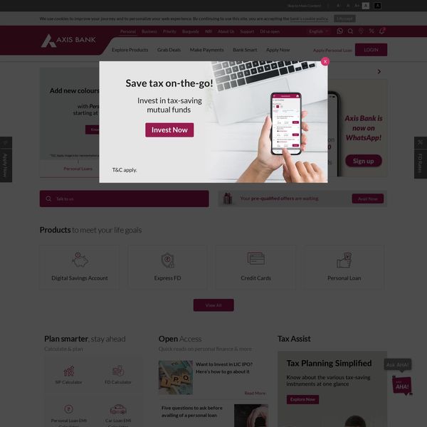 Axis Bank home page image.